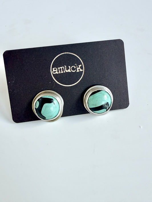Blue and black license plate stud earrings