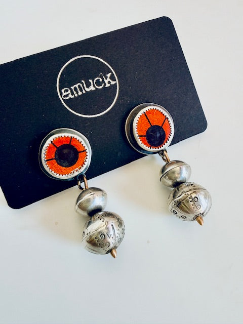 Handmade sterling bead dangle earrings with red ear post.