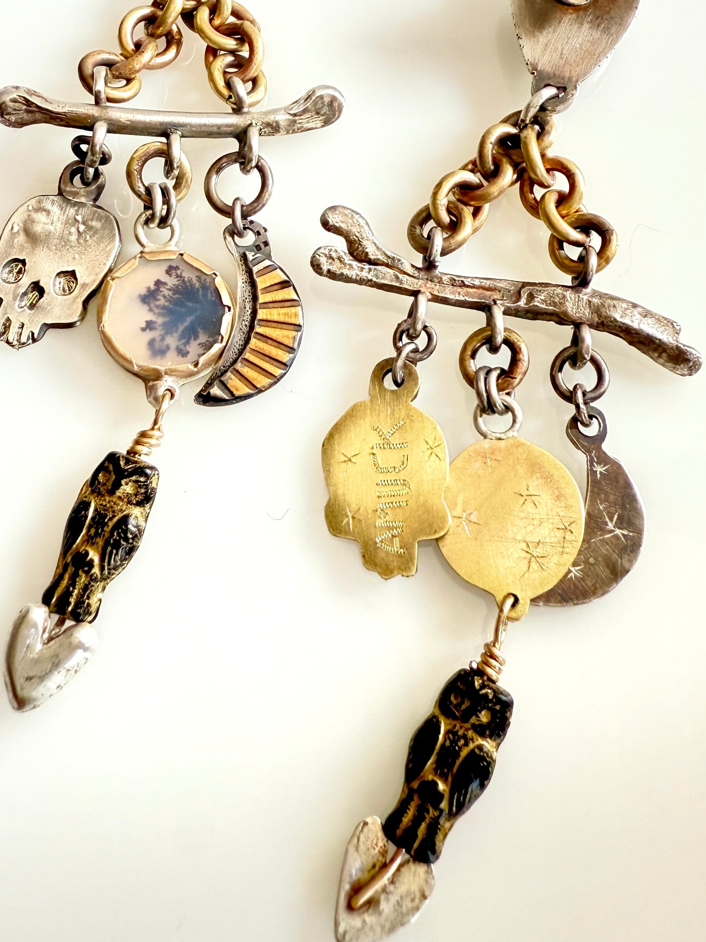 Sterling Silver Moonstone & Agate Statement Earrings – Skulls, Bones, Moons & Owls