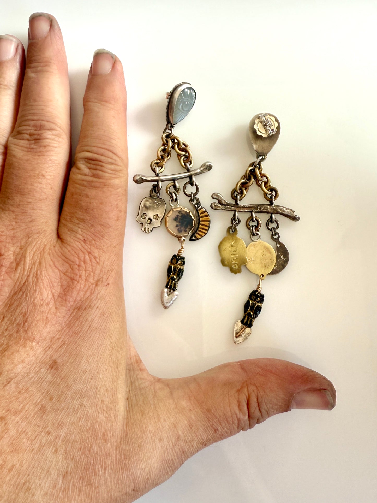 Sterling Silver Moonstone & Agate Statement Earrings – Skulls, Bones, Moons & Owls