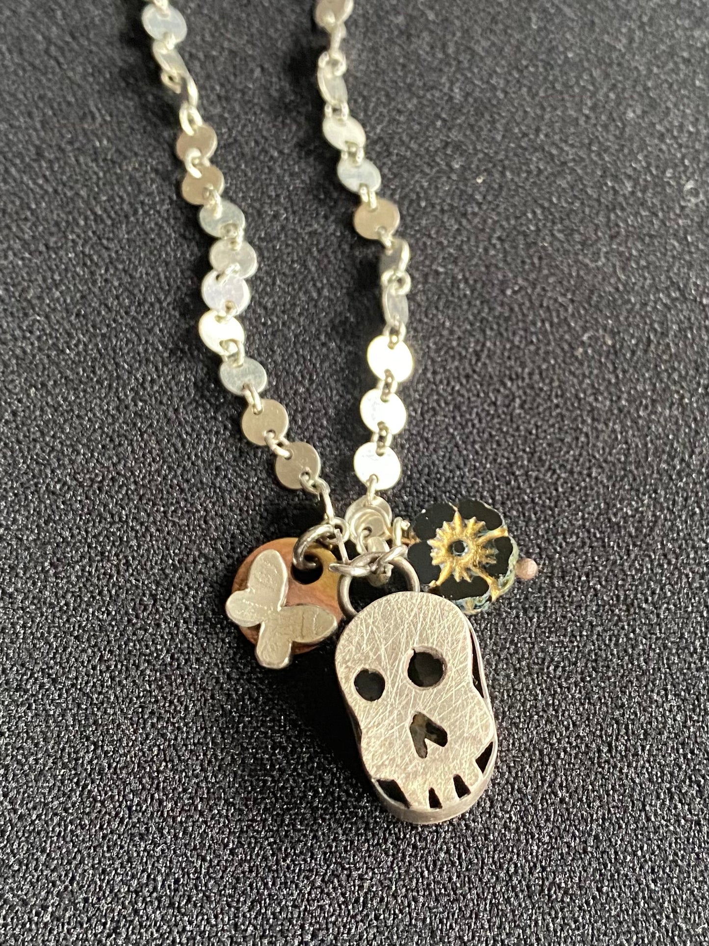 Skull/flower/butterfly charm necklace