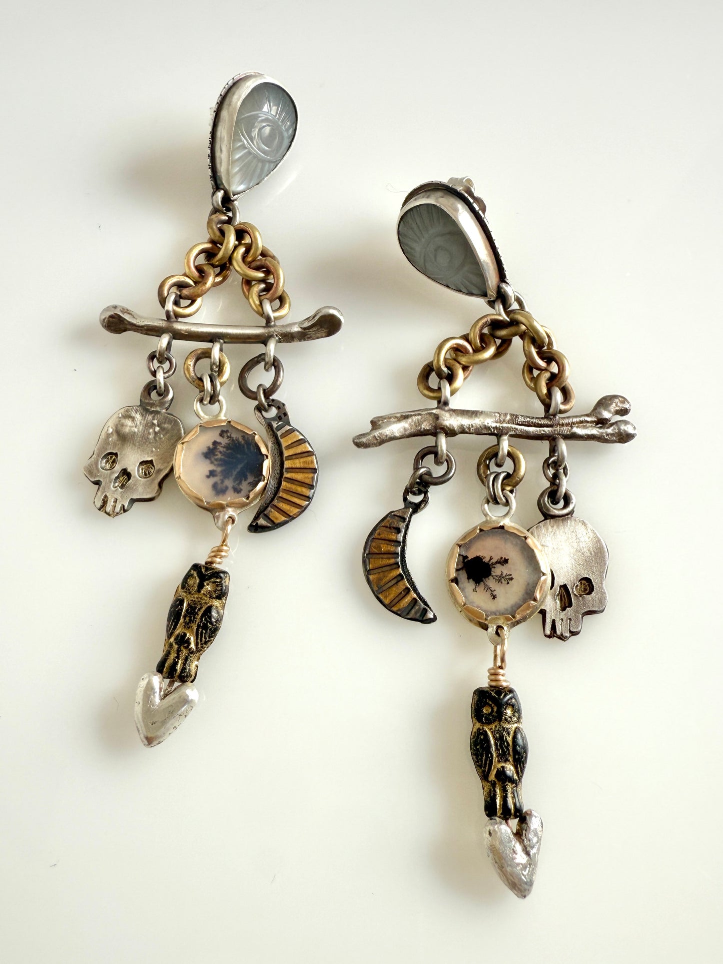 Sterling Silver Moonstone & Agate Statement Earrings – Skulls, Bones, Moons & Owls