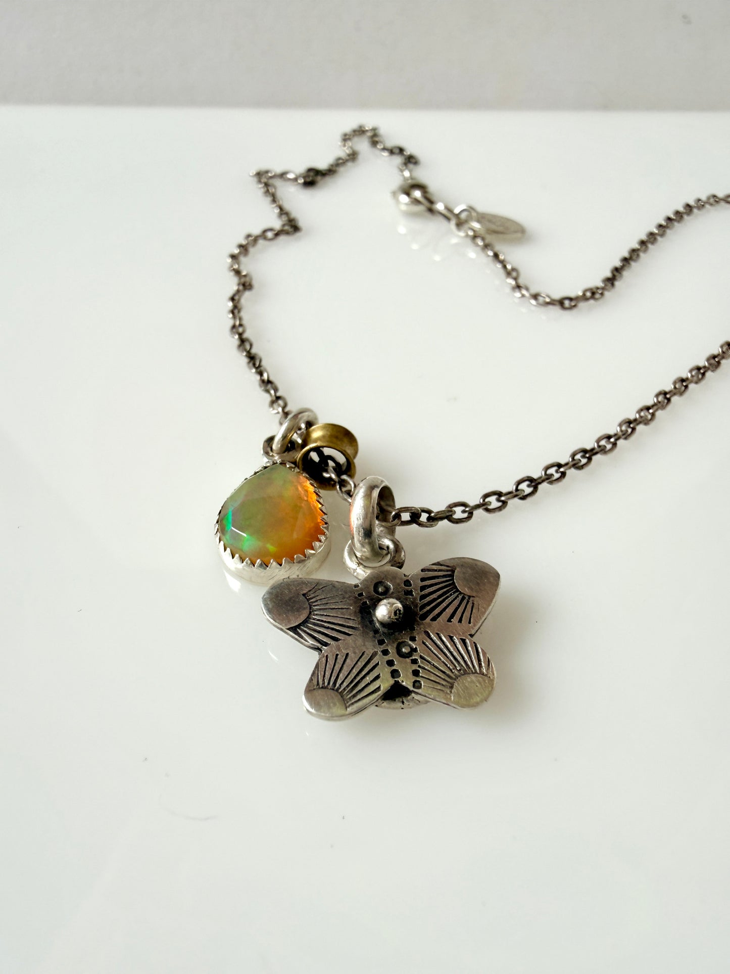 Butterfly and opal charm necklace