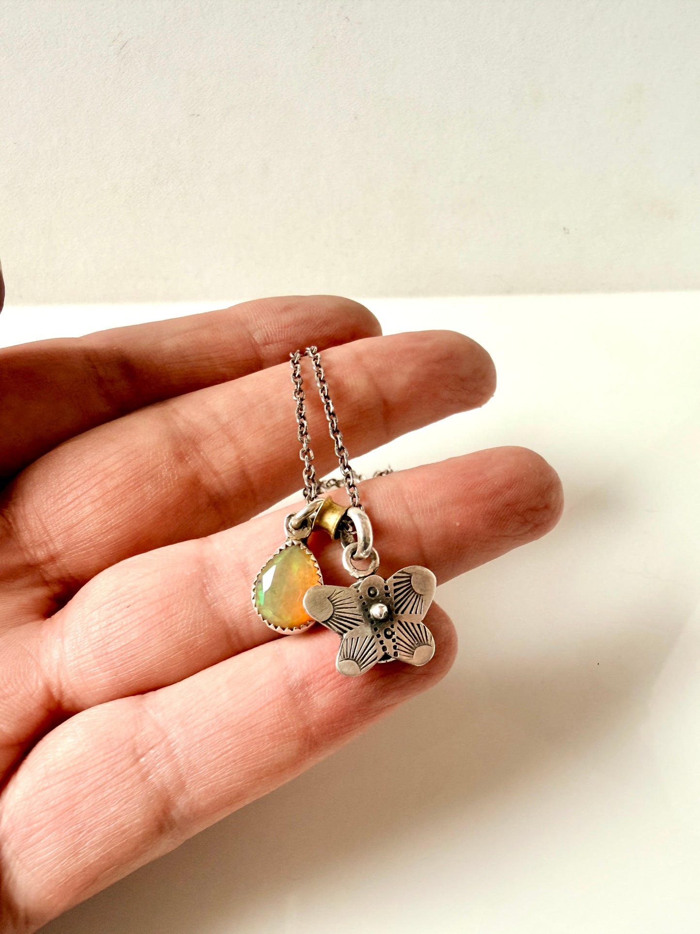 Butterfly and opal charm necklace