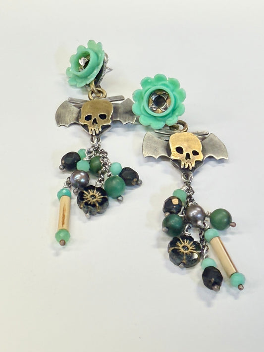 Green gothic tiki earrings