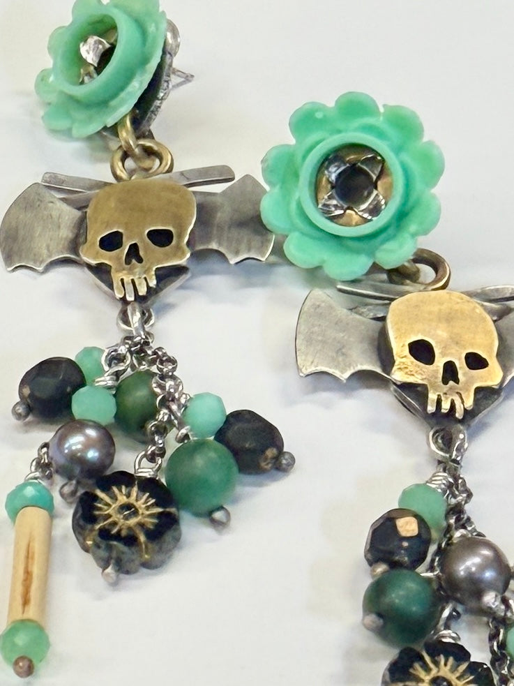 Green gothic tiki earrings