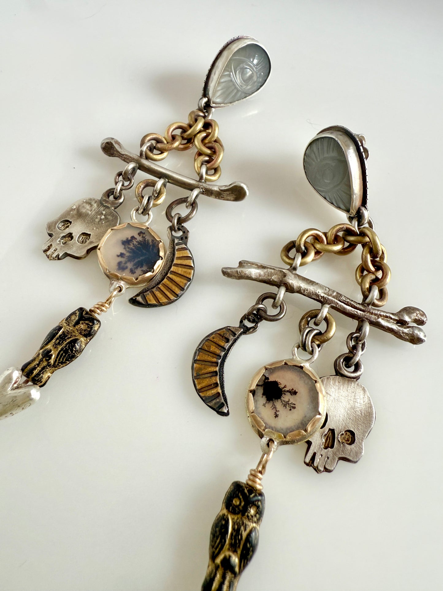 Sterling Silver Moonstone & Agate Statement Earrings – Skulls, Bones, Moons & Owls