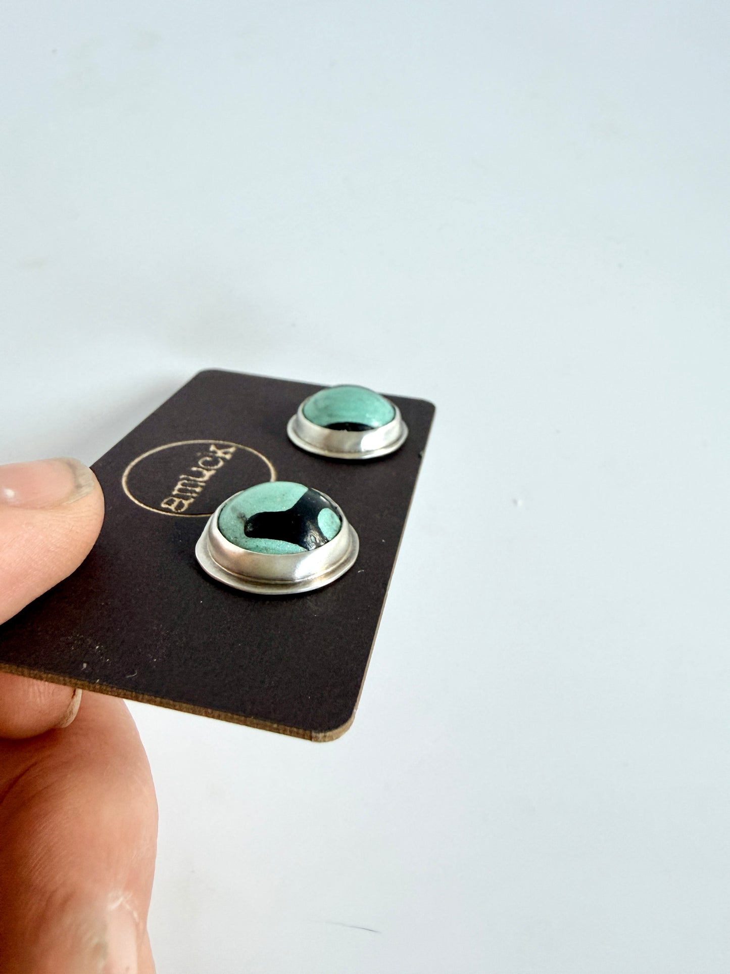 Blue and black license plate stud earrings