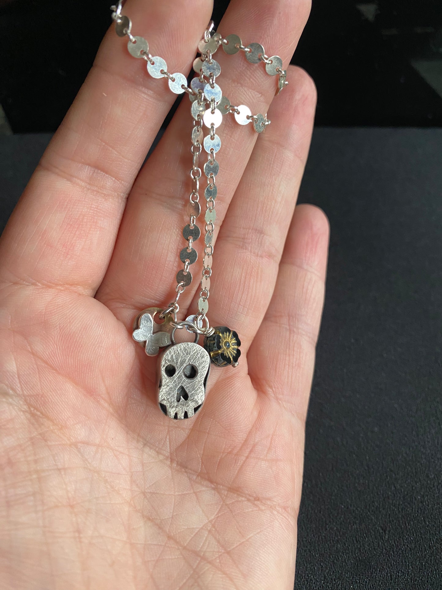 Skull/flower/butterfly charm necklace